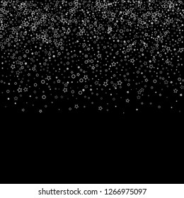 Silver, gray, stars, sprocket, shiny confetti. Scattered little sparkling, flashing glitter elements. Random stellar falling on black background. New Year, Christmas background. Vector illustration.