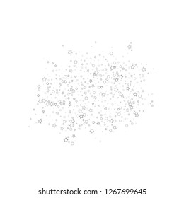 Silver, gray, stars, sprocket, shiny confetti. Scattered little sparkling, flashing glitter elements. Random stellar falling on white background. New Year, Christmas background. Vector illustration.