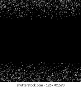 Silver, gray, stars, sprocket, shiny confetti. Scattered little sparkling, flashing glitter elements. Random stellar falling on black background. New Year, Christmas background. Vector illustration.