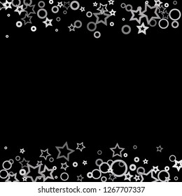 Silver, gray, stars, sprocket, shiny confetti. Scattered little sparkling, flashing glitter elements. Random stellar falling on black background. New Year, Christmas background. Vector illustration.