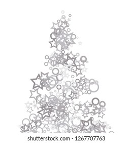 Silver, gray, stars, sprocket, shiny confetti. Scattered little sparkling, flashing glitter elements. Random stellar falling on white background. New Year, Christmas background. Vector illustration.