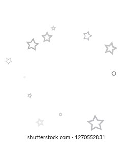 Silver, gray, stars, sprocket, shiny confetti. Scattered little sparkling, flashing glitter elements. Random stellar falling on white background. New Year, Christmas background. Vector illustration.