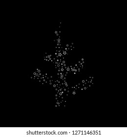 Silver, gray, stars, sprocket, shiny confetti. Scattered little sparkling, flashing glitter elements. Random stellar falling on black background. New Year, Christmas background. Vector illustration.