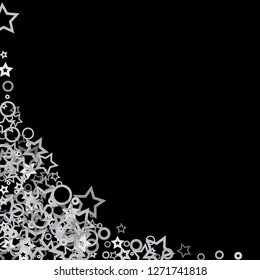 Silver, gray, stars, sprocket, shiny confetti. Scattered little sparkling, flashing glitter elements. Random stellar falling on black background. New Year, Christmas background. Vector illustration.