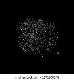 Silver, gray, stars, sprocket, shiny confetti. Scattered little sparkling, flashing glitter elements. Random stellar falling on black background. New Year, Christmas background. Vector illustration.