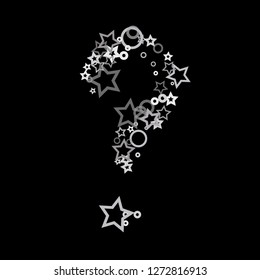 Silver, gray, stars, sprocket, shiny confetti. Scattered little sparkling, flashing glitter elements. Random stellar falling on black background. New Year, Christmas background. Vector illustration.