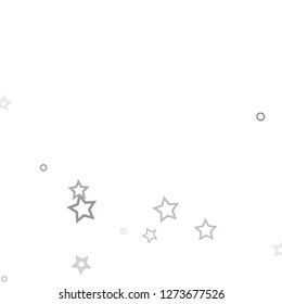 Silver, gray, stars, sprocket, shiny confetti. Scattered little sparkling, flashing glitter elements. Random stellar falling on white background. New Year, Christmas background. Vector illustration.