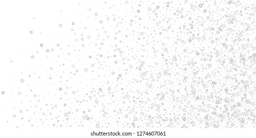 Silver, gray, stars, sprocket, shiny confetti. Scattered little sparkling, flashing glitter elements. Random stellar falling on white background. New Year, Christmas background. Vector illustration.