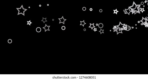 Silver, gray, stars, sprocket, shiny confetti. Scattered little sparkling, flashing glitter elements. Random stellar falling on black background. New Year, Christmas background. Vector illustration.