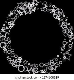 Silver, gray, stars, sprocket, shiny confetti. Scattered little sparkling, flashing glitter elements. Random stellar falling on black background. New Year, Christmas background. Vector illustration.