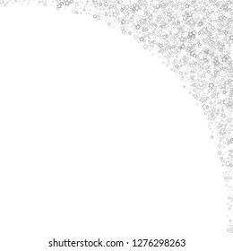 Silver, gray, stars, sprocket, shiny confetti. Scattered little sparkling, flashing glitter elements. Random stellar falling on white background. New Year, Christmas background. Vector illustration.