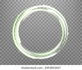 Silber und grün glühender Zauberring. Neon realistische Energie Flare Halo Ring. Abstrakter Lichteffekt auf einem durchsichtigen Hintergrund. Vektorillustration.