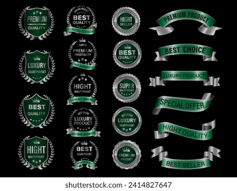 Silver green luxury premium quality label badges on black background vector illustration.	