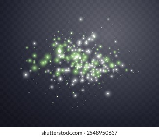 Silver and green magic sparks and dust stars. Glittering dots, particles, sparkles. Glow flare light effect. Silver and green luminous points. Vector particles on transparent background.