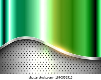 Silver green metallic background, 3D polished steel texture vector design, shiny chrome metal illustration.