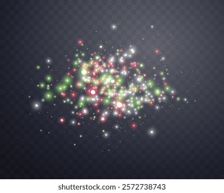 Silver, green and red magic sparks and dust stars. Glittering dots, particles, sparkles. Glow flare light effect. Silver and green luminous points. Vector particles on transparent background.