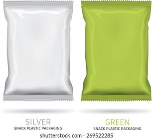 Silver ,green snack plastic packaging isolated on white background
