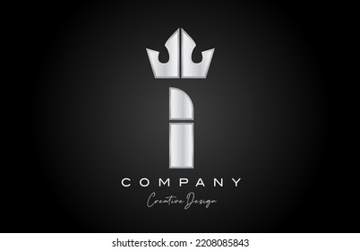 silver grey I alphabet letter logo icon design. Creative crown king template for business and company