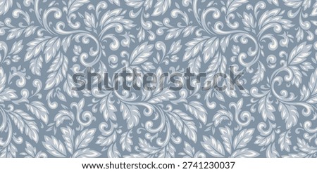 Silver Grey Floral Scroll Seamless Pattern. Ornate Arabesque and Damask Motifs with Botanical Swirls. Decorative Ethnic Texture. Vector Handmade Illustration.