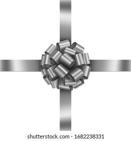 Silver Grey Gift Ribbon Bow Cross Vector. Illustration of Greeting Silver Grey Gift Wrapping Ribbon and Bow Crossed at the Center on Black Background.