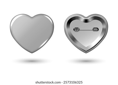 Silver grey heart pin badge mockup. Isolated badge button brooch. Realistic blank heart shape glossy gray button badge pin with metal back cover. 3d Vector illustration.