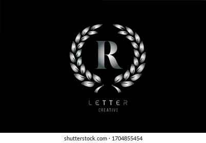 silver grey metal R alphabet letter logo icon with floral design for business and company