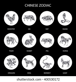 Silver Grey Polygon Chinese zodiac signs icons set. Rat snake dr