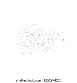 Silver grey shiny confetti stars. Scattered little sparkling, flashing glitter elements. Random stellar falling on white background. New Year, Christmas background. Vector illustration.