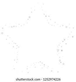 Silver grey shiny confetti stars. Scattered little sparkling, flashing glitter elements. Random stellar falling on white background. New Year, Christmas background. Vector illustration.