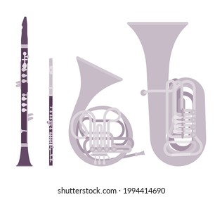 Silver grey wind musical instrument, brass woodwind set. French horn, tuba, clarinet, flute for band, orchestra, festival, jazz party. Vector flat style cartoon illustration isolated, white background