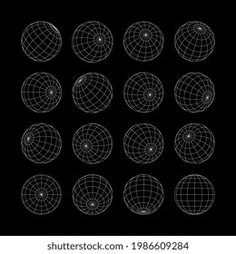 Silver grid globe set. Three-dimensional abstract universe planet meaning globalization, internationalization, worldwide network connection vector illustration isolated on black background