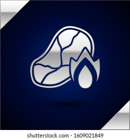 Silver Grilled steak meat and fire flame icon isolated on dark blue background.  Vector Illustration
