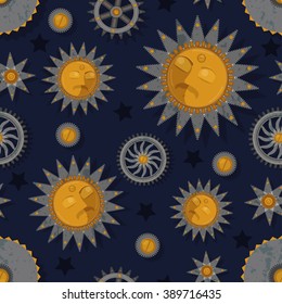 Silver grunge sun, stars and gear wheel with shades on blue background. Vector pattern