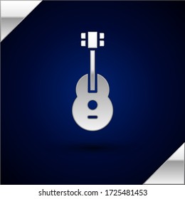 Silver Guitar icon isolated on dark blue background. Acoustic guitar. String musical instrument.  Vector Illustration