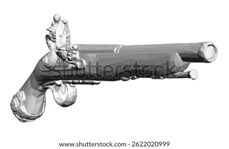 A silver gun with a black handle. The gun is a replica of a pistol. The gun is in a black and white illustration. 3D