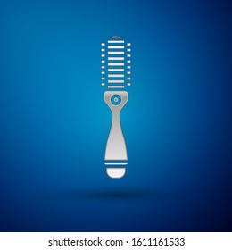 Silver Hair dryer icon isolated on blue background. Hairdryer sign. Hair drying symbol. Blowing hot air.  Vector Illustration