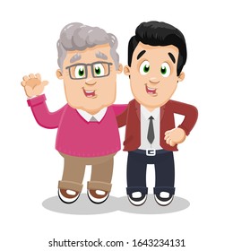 Silver haired aged man in glasses, pink sweater and brown trousers standing near his adult son, cuddling him and waving hand. Happy friendly relationships. Pensioner is proud of child. Vector cartoon.