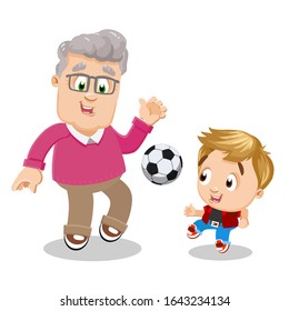 Silver haired aged man in glasses, pink sweater and brown trousers playing football with grandson. Happy grandfather doing sport with small boy, spending time with grandchild. Healthy active lifestyle