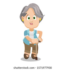 Silver haired aged woman, lady in light blue blazer and brown trousers standing with arm akimbo and leaning on walking cane. Vector cartoon illustration isolated on white background.