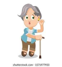 Silver haired aged woman in light blue blazer and brown trousers standing putting hand to ear to hear better. Elderly woman wanted to know last news. Deafness, gossip concept. Vector illustration.