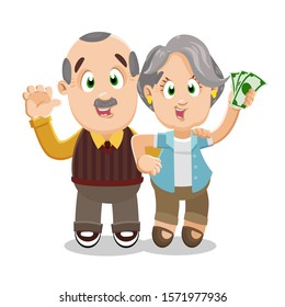 Silver haired aged woman in light blue blazer and brown trousers standing near her husband and showing banknotes in hand. Elderly man and lady smiling. They having money. Vector cartoon illustration.