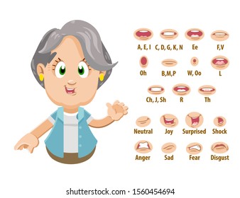 Silver haired elderly lady, senior teacher shows to set of mouth, teeth positions. Lip sync emotions collection. Can be used for animation. Cartoon vector illustration isolated on white background.