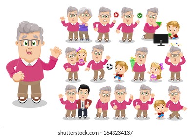 Silver haired elderly man standing with wife, son, grandchild, is upset, angry, playing football, computer games, having health problems, showing thumb up, going. Vector cartoon big set on white.
