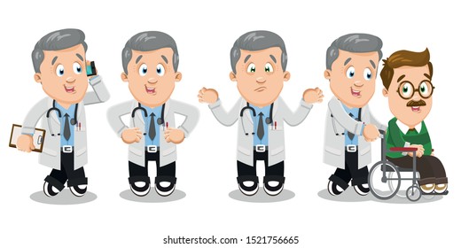 Silver haired man, physician in lab coat with stethoscope on neck speaking by phone, standing with arms akimbo, making helpless gesture, accompanying patient in wheelchair. Cartoon vector set.