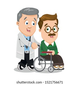Silver haired nurse man, physician, doctor in white lab coat accompanying disabled person, patient in wheelchair. Medical care concept. Vector cartoon illustration isolated on white background.