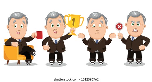 Silver haired plump aged man, ceo, manager sitting at armchair with cup of tea, keeping gold prize, making helpless gesture, keeping cross out sign, banning something. Vector cartoon on white.
