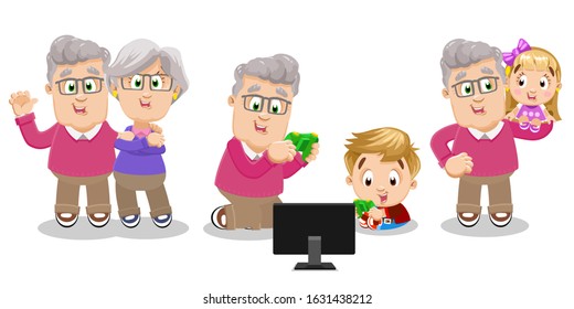 Silver haired spectacled aged, old man spending time with his family. Pensioner, grandfather standing next to his wife, waving hand, playing computer game with grandson, holding girl on shoulder.