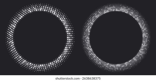 Silver halftone frames, glowing circle borders, round pattern with dots, radial disco luxury design element.