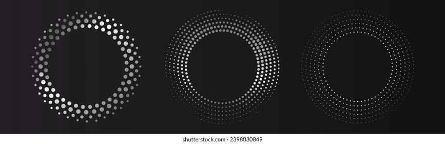 Silver halftone round frame set. Silver luxury circle emblem. Dotted texture border. Vector illustration isolated on black background