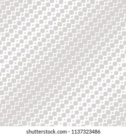 Silver halftone seamless pattern. White and gray vector texture of mesh, lace, weave, tissue, grid, lattice. Diagonal gradient transition effect. Abstract geometric background. Luxury repeat design